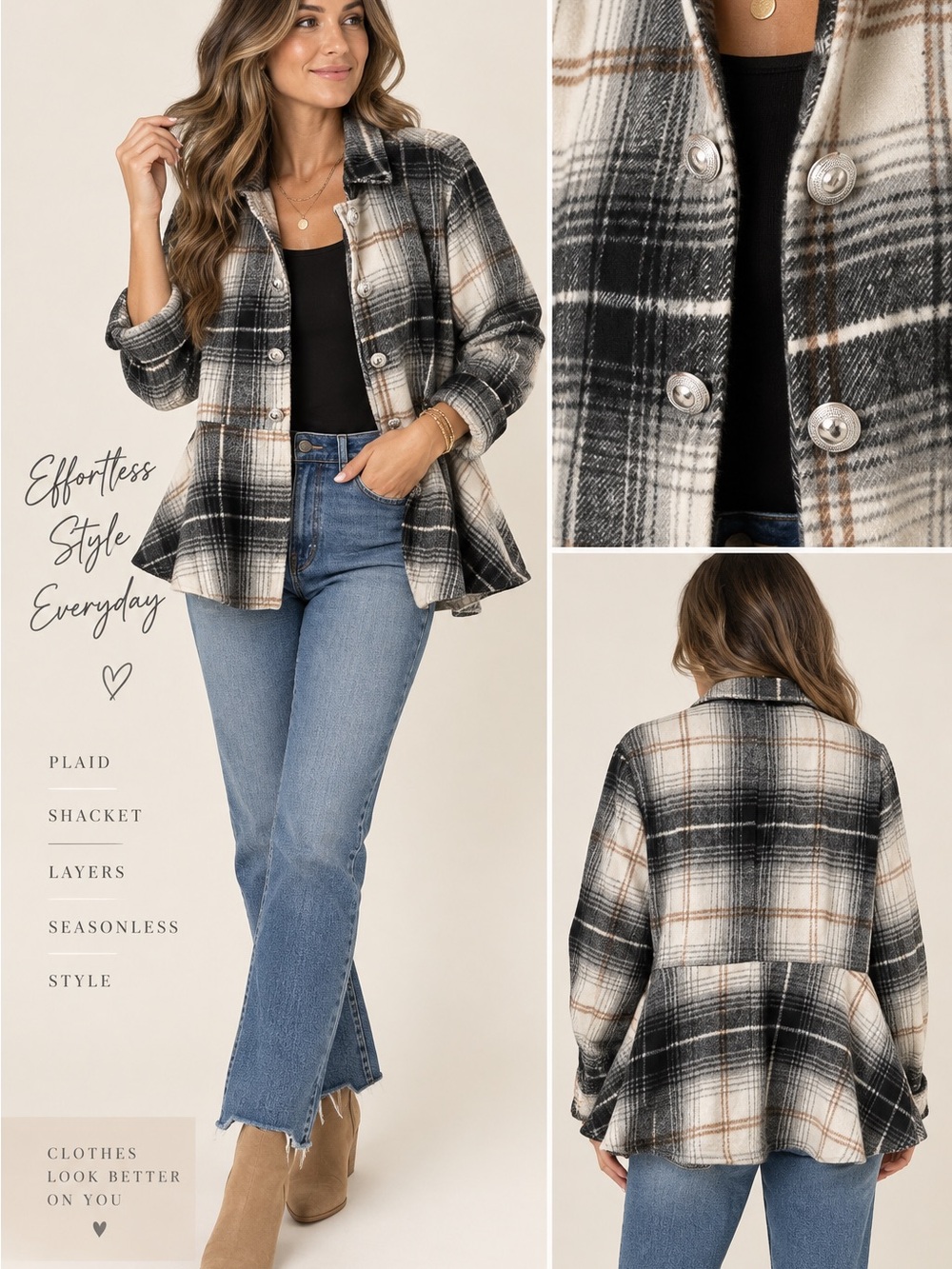 Miss Sparkling Plaid Peplum Shacket Jacket Black Cream Camel XL